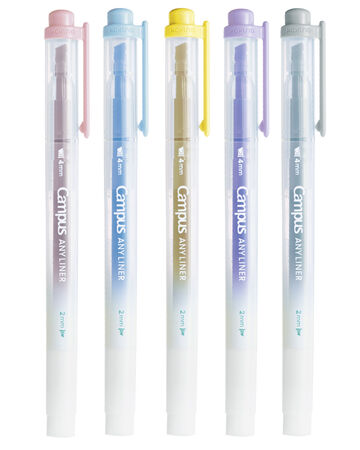 Campus ANY LINER Bleed Resistant Twin Highlighter 4mm 2mm Tip Smoky 5 Color Set,, small image number 1