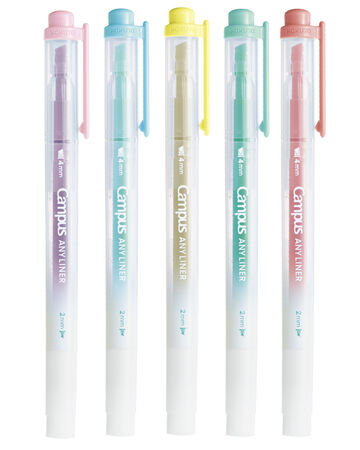 Campus ANY LINER Bleed Resistant Twin Highlighter 4mm 2mm Tip Soft 5 Color Set,, small image number 1