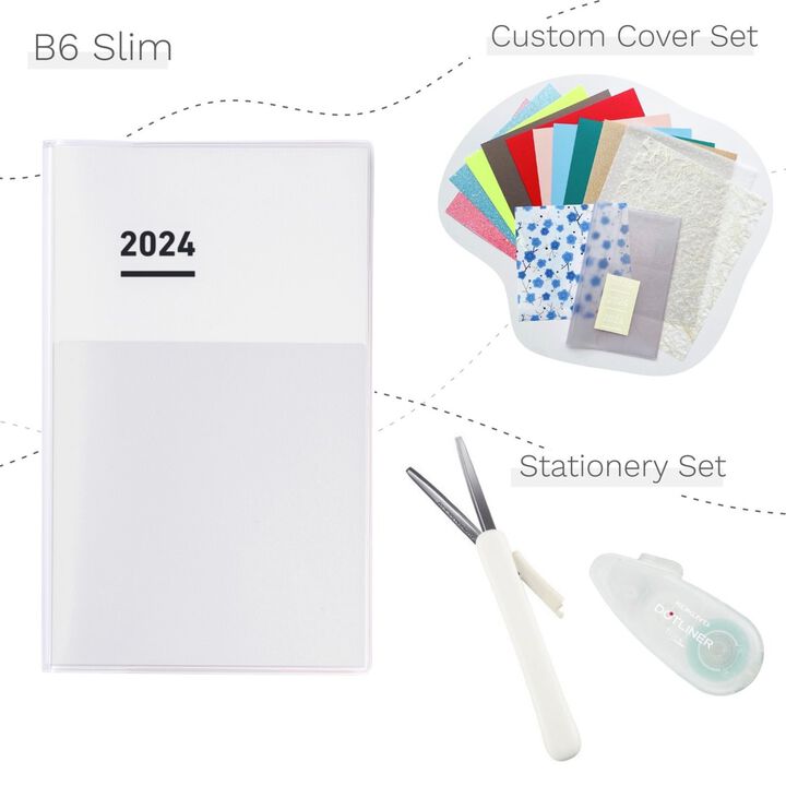 Jibun Techo Diary mini 2024 B6 Slim White with Custom Cover & Stationery SET,, medium image number 0