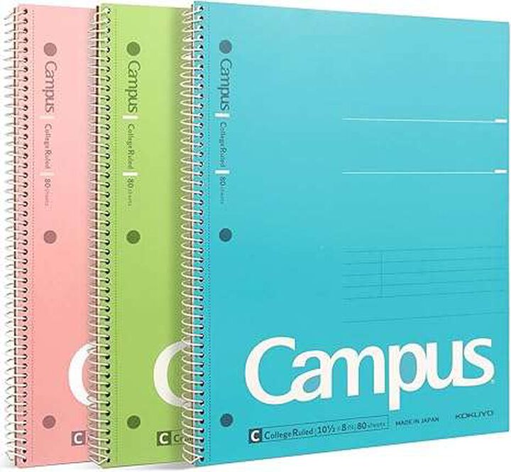 Campus Spiral Notebook 10-1/2" x 8" 7mm College Rule 80 Sheets Pack of 3 Colors,, medium