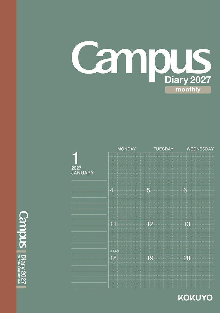 Campus Diary 2027  Monthly Grid type A5 Green,green, medium