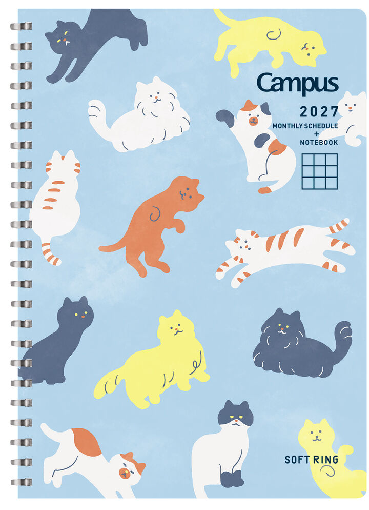 Softring Diary 2027  Monthly + Grid Notes A5 Cat Blue,Blue, medium