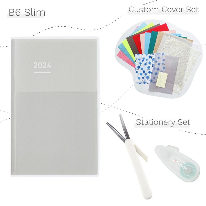 Jibun Techo DAYs mini 2024 B6 Slim Gray with Custom Cover & Stationery SET