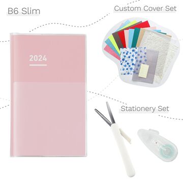 Jibun Techo Diary mini 2024 B6 Slim Pink with Custom Cover & Stationery SET,, small