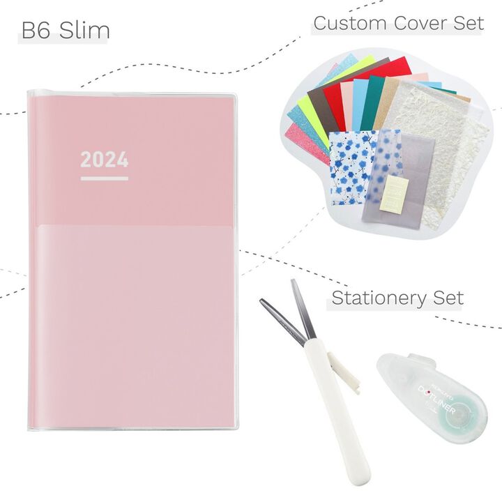Jibun Techo Diary mini 2024 B6 Slim Pink with Custom Cover & Stationery SET,, medium image number 0