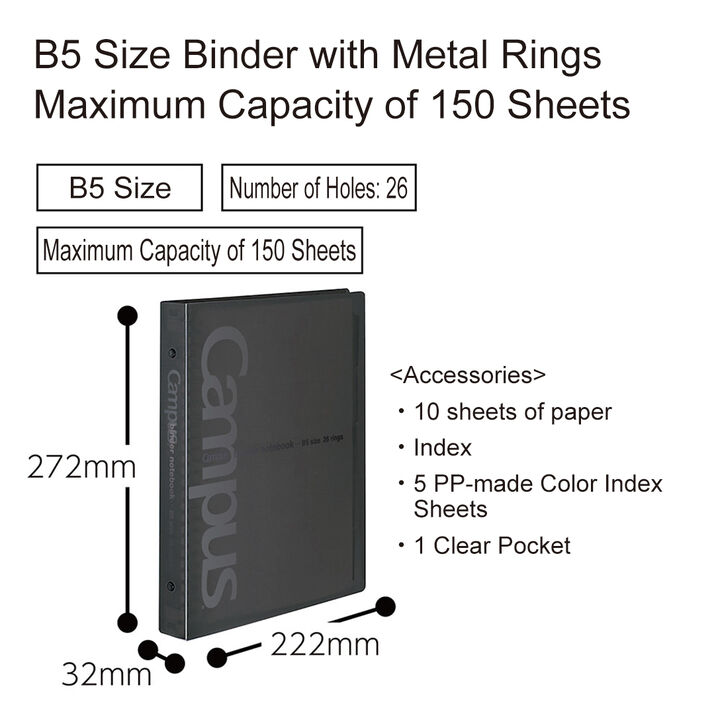Campus Binder Notebook 26 Hole PP Cover Wide B5 Black 10 Sheets,Black, medium image number 6