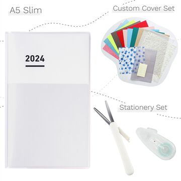 Jibun Techo Diary 2024 A5 Slim White with Custom Cover & Stationery SET,, small
