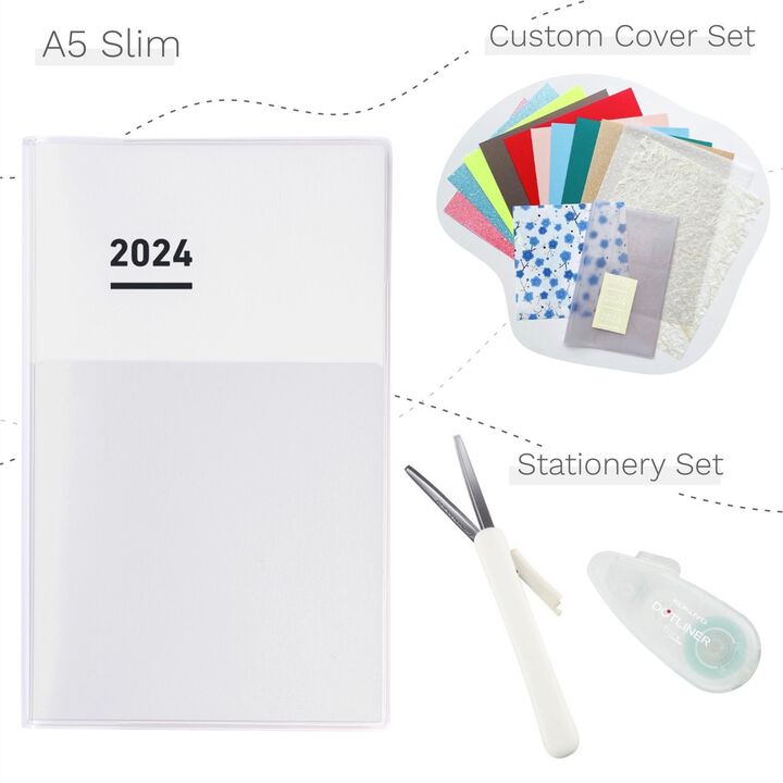 Jibun Techo Diary 2024 A5 Slim White with Custom Cover & Stationery SET