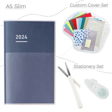 Jibun Techo Diary 2024 A5 Slim Indigo with Custom Cover & Stationery SET,, small