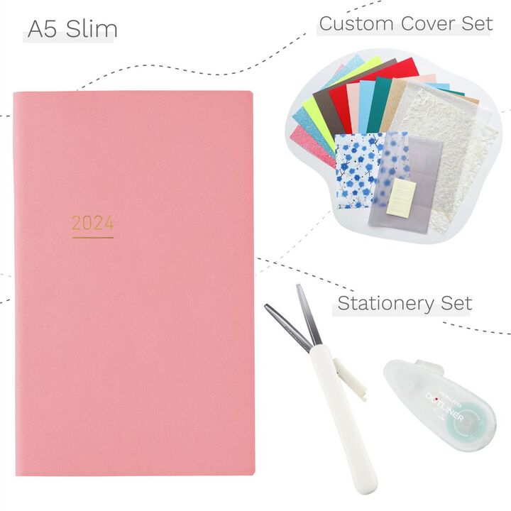 Jibun Techo Lite 2024 A5 Slim Pink with Custom Cover & Stationery SET