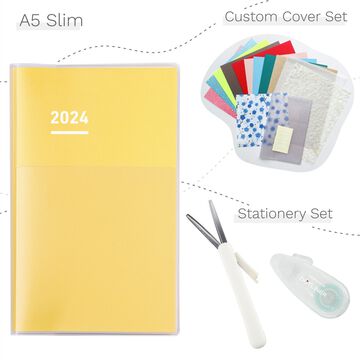 Jibun Techo Diary 2024 A5 Slim Yellow with Custom Cover & Stationery SET,, small